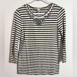 J. Crew striped 3/4 sleeve t-shirt with jeweled neckline, party top, size XS